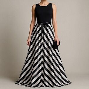 Cache Womens 2 Striped Ball Gown Evening Dress Black White Formal Gala Black Tie
